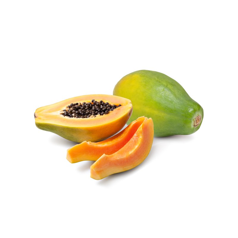 Life Extension, whole and half mango on white background